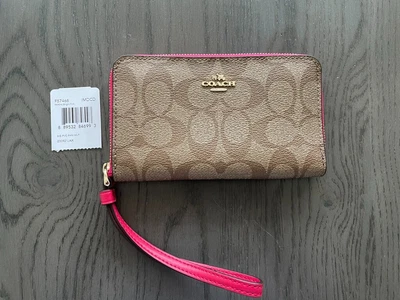 £50 • Buy COACH F57468 Signature Phone Wallet Khaki/Bright Pink