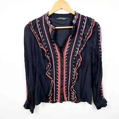 Zara Woman Premium Floral Embroidered High Neck Boho Top Blouse Ruffled Black Xs • $24