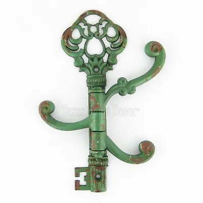 $25.95 • Buy Key Shaped Swivel Hook Coat Hanger Rack Distressed Rust Green Wrought Iron 