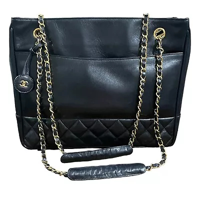 CHANEL Vintage Black Lambskin Leather Gold-plated Tote • $1290