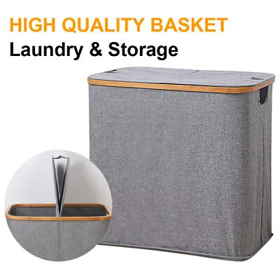 Laundry Basket Foldable Linen Laundry Hamper With Lid 2 Compartments Washing Bin • £16.99