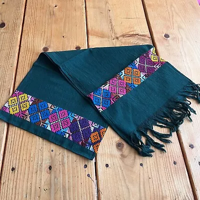 Maya Mexican Chiapas Teal Rectangle Embroidered Table Runner Long Scarf 11x52 In • $18