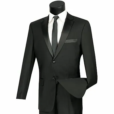 VINCI Men's Black Slim Fit Formal Tuxedo Suit W/ Sateen Lapel & Trim NEW • $104