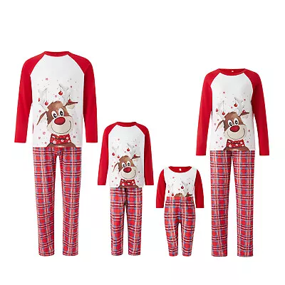 Family Christmas Matching Pajamas Dad Mom Kid Baby Cartoon Deer Plaid Sleepwear • $12.99