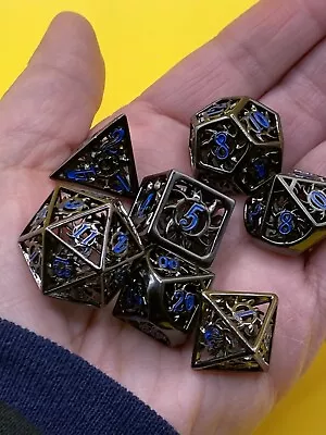 Black Blue Hollow Metal DnD Dice Set Polyhedral RPG Dungeons Dragons W/Tin Case • $19.98