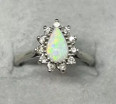 Vintage 14k White Gold Teardrop Opal W/ Diamonds ~.25ctw Sz6.5 3.23g W^S • $250