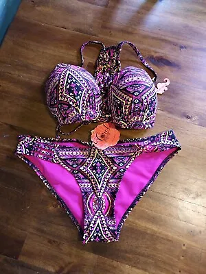 Women's NWT😊Coral Tropics By Apollo Swimwear 2 PC Bikini Top Sz L Bottoms Sz M  • $18