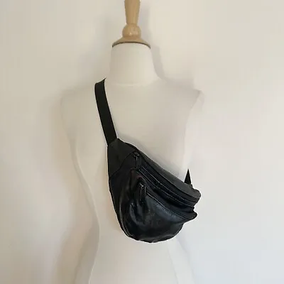 Vintage Black Leather Fanny Pack Belt Bag Crossbody Chest Made In Mexico • $27