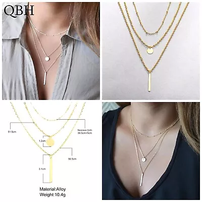 Womens Multi-layer Necklace Gold Or Silver Boho Long Chain Bar Pendant • £4.45