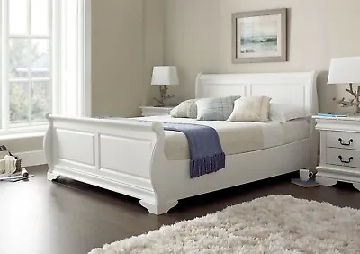 White Wooden French Country Farmhouse Sleigh Bed By Time4Sleep 4ft6/5ft New • £599