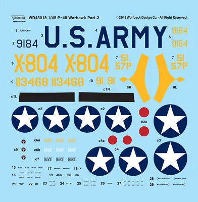 Wolfpack Design 1/48 WWII USAAF P-40 Warhawk Part.3 Decals For Airfix Kits • $24.95