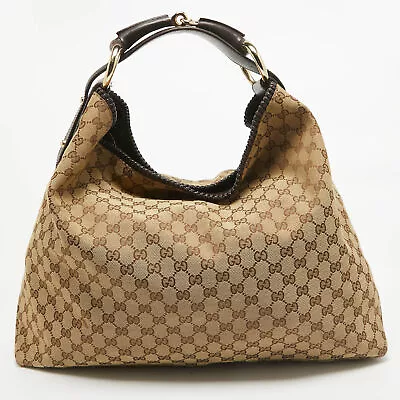 Gucci Beige/Brown GG Canvas And Leather Large Horsebit Hobo • $771.75
