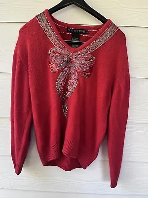 Vtg 90s IB Diffusion Beaded Bow Knit Christmas Holiday Festive Sweater Medium • $7.99
