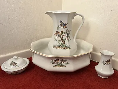 H & K Tunstall Wash Bowl Jug Lidded Soap Dish Vase Antique Wash Items Birds On • £50