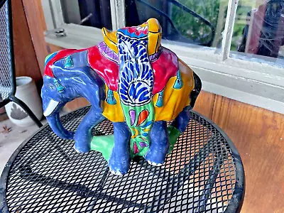 Extra Large Mexican Folk Art Talavera Pottery Elephant Statue 9 By 11 Inches • $19.99