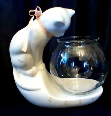 Vintage Ceramic Cat Glass Beta Fish Bowl 9  White Peach Mid Century Retro Mcm • $63.75