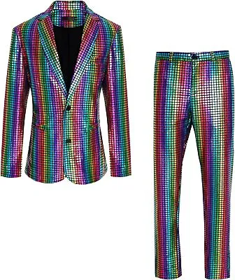 IWQBQ Men's 70s Disco Suit 2 Piece Set Shiny Slim Fitting Party Outfit Sequin Ja • $118.32