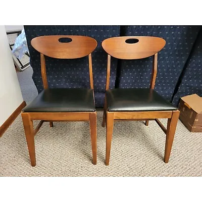 2 Vtg Dining Chairs Mid Century Danish Modern Wood & Black Leather Seats 1960s • $264.50