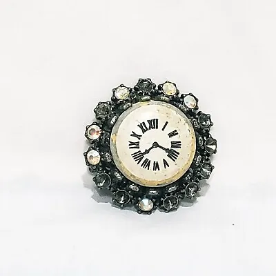 Vintage B. Blumenthal Rhinestone Faux Clock Face  Brooch 1 1/4  • $30.99