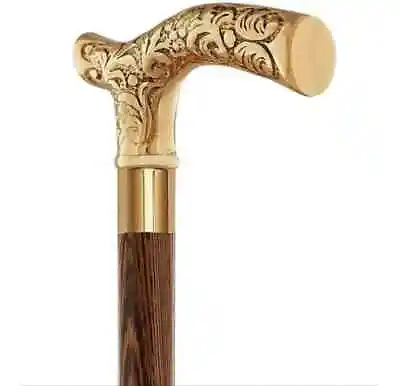 Vintage Wooden Cane With Floral Engraved Brass Derby Head Handle Balancing Stick • $39.89