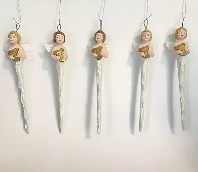Set Of 5 Vtg Victorian Angel Playing Lyre Icicle Porcelain Christmas Ornaments • $19.99