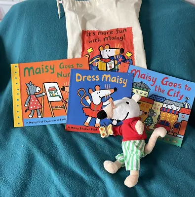 Maisy Mouse Lucy Cousins 10  Soft Plush Toy Storysack + 2 Books Sticker  VGC • £15.50