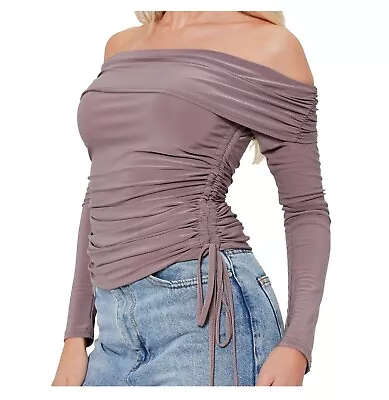 Ladies I Saw It First Long Sleeves Ruched Bardot Slinky Top Sizes From 6 To 18 • £12.47