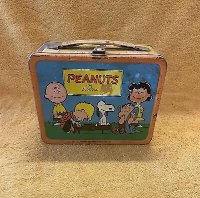 Vintage 1970s Peanuts Metal Lunch Box Orange Rim Charlie Brown Ace Snoopy • $25