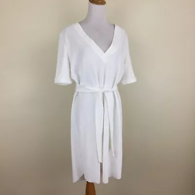 NWT ZARA White V Neck Cuff Short Sleeve Womens Sz Medium Loose Fit Belted Dress • $20.79