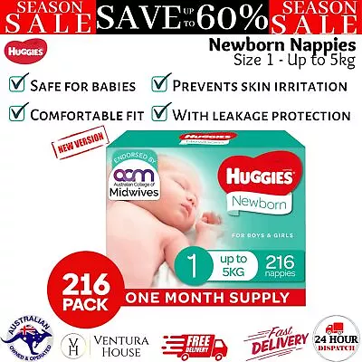 HUGGIES Nappies Size 1 Newborn Nappies 3-Way Skincare Unisex Ultra-Soft Diapers • $91.97