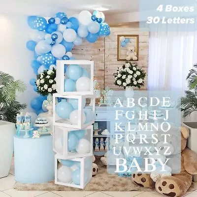 Baby Shower Decoration Kid - 4pcs Transparent Balloon Boxes DIY A-Z Letters Cube • £9.98