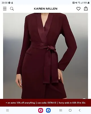 Karen Millen Size 8 Tuxedo Wrap Mini Dress In Wine Rrp 199 • £114