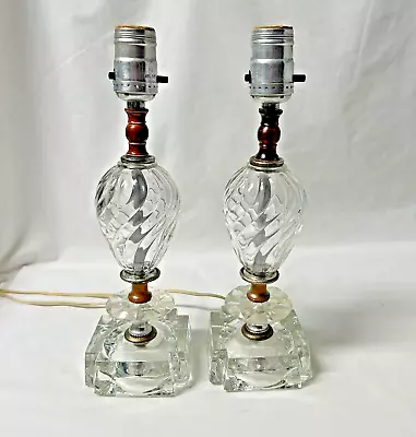 Vintage Pair Of Clear Glass Lamps Boudoir Bedroom 12” Swirl Globe Square Base • $75