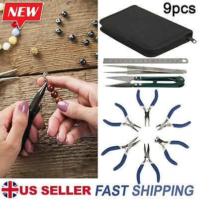 £16.99 • Buy 9 Pcs Jewellery Making Beading Mini Pliers Tools Kit Set Flat Long Round Nose UK