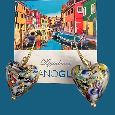 New Venetian Murano Glass HEART EARRINGS Gold Foil Dyadema Bronze Drop Earrings • $56