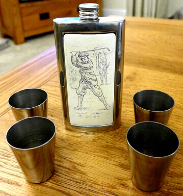 £11.99 • Buy Vintage Golf Theme Sheffield Pewter Hip Flask + 4 Shot Cups. Made In England