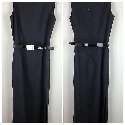 Merona 100% Linen Dress Small Black Maxi Sleeveless Belted Side Slits Lined EUC • $29.97