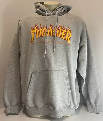 THRASHER Magazine San Fransisco Flames Grunge Hoodie Jumper Grey Men's XL • $45