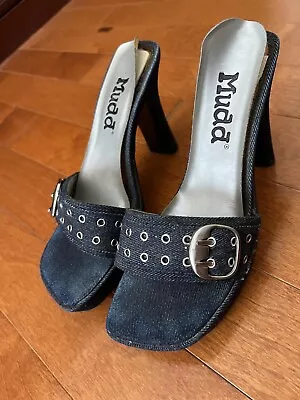 Mudd Size 6.5 Vintage Y2K Denim Heels Shoes Platform  With Silver Buckle Accents • $14.99