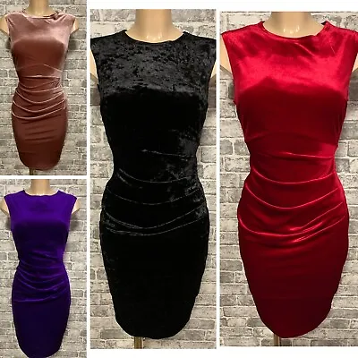 10014 Stunning Ladies Velvet Velour Ruch Figure Hugging Pencil Dress Size 8-18 • £10