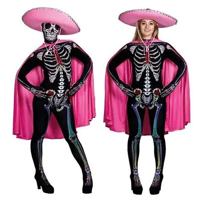 Womens Day Of The Dead Sugar Skeleton Pink Fancy Dress Costume Mexcian Senorita • £25.99