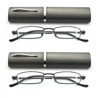 EYE ZOOM 2 Pack Slim Compact Light Tube Reading Glasses With Portable Clip Case • $14.99