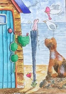 ACEO Original Watercolour Painting Seascape Beach Hut Cat Mouse Bikini • £9.38