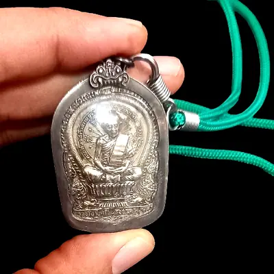 Silver LP Tim Buddha Amulet Silver Case Pendant Necklace Rope Wat Lahan Rai 1975 • $31.99