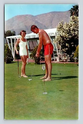 Palm Springs Lone Palm Hotel Miniature Golf In Swim Suits Postcard • $8