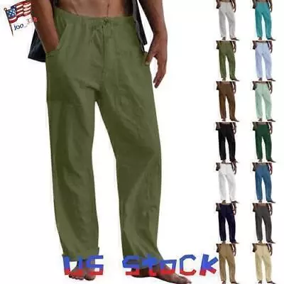 Mens Summer Beach Loose Cotton Linen Pants Elastic Waist Casual Trousers Buttoms • $19.89