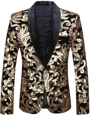 PYJTRL Men Fashion Velvet Sequins Floral Pattern Suit Jacket Blazer • $141.22