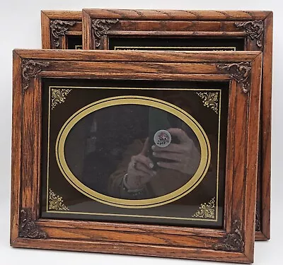 Vintage Oak Picture Frames Filigree With Reverse Painted Gold Oval Photo Mattes • $90