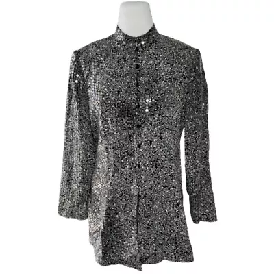 Anne Crimmins For Umi Collections Silk Sequin Jacket Blazer 12 Black White Vtg • $34.99