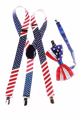 American Flag USA SUSPENDERS And BOWTIE COMBO SET Unisex Adjustable Suspender • $3.96